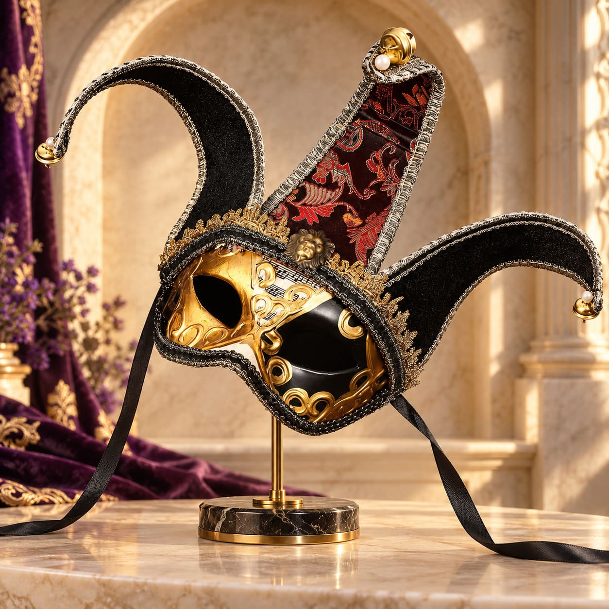 Demi-Masque de Carnaval Arlequin Noir et Or - Horatio