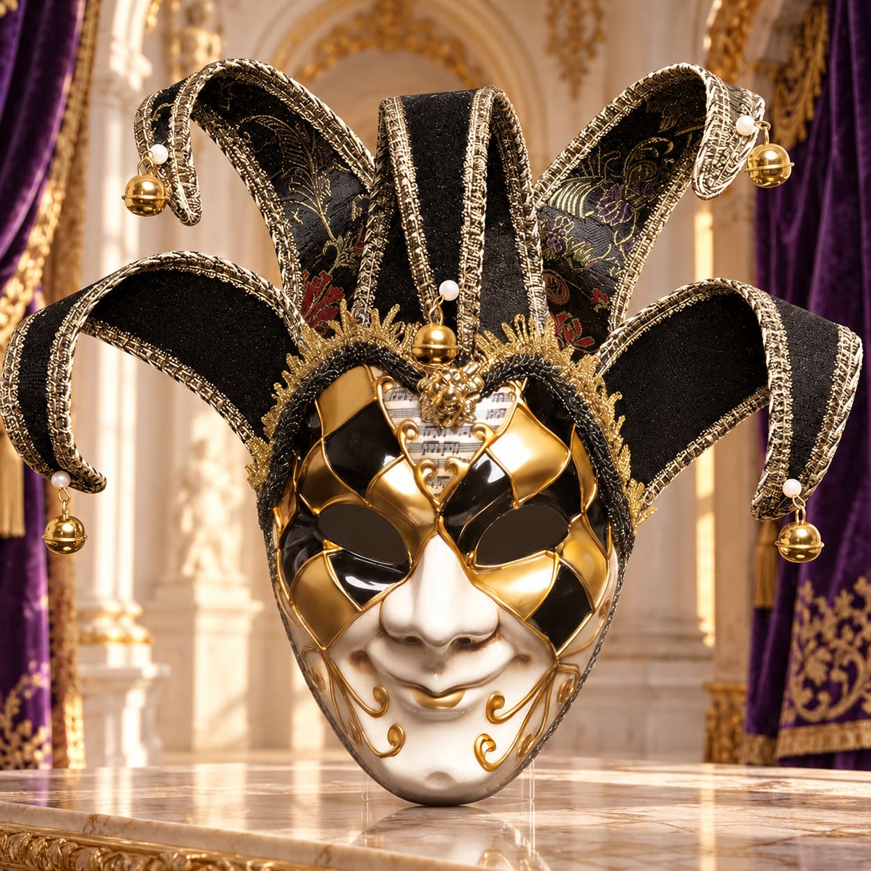 Masque Arlequin Noir, Or Et Blanc – Dario