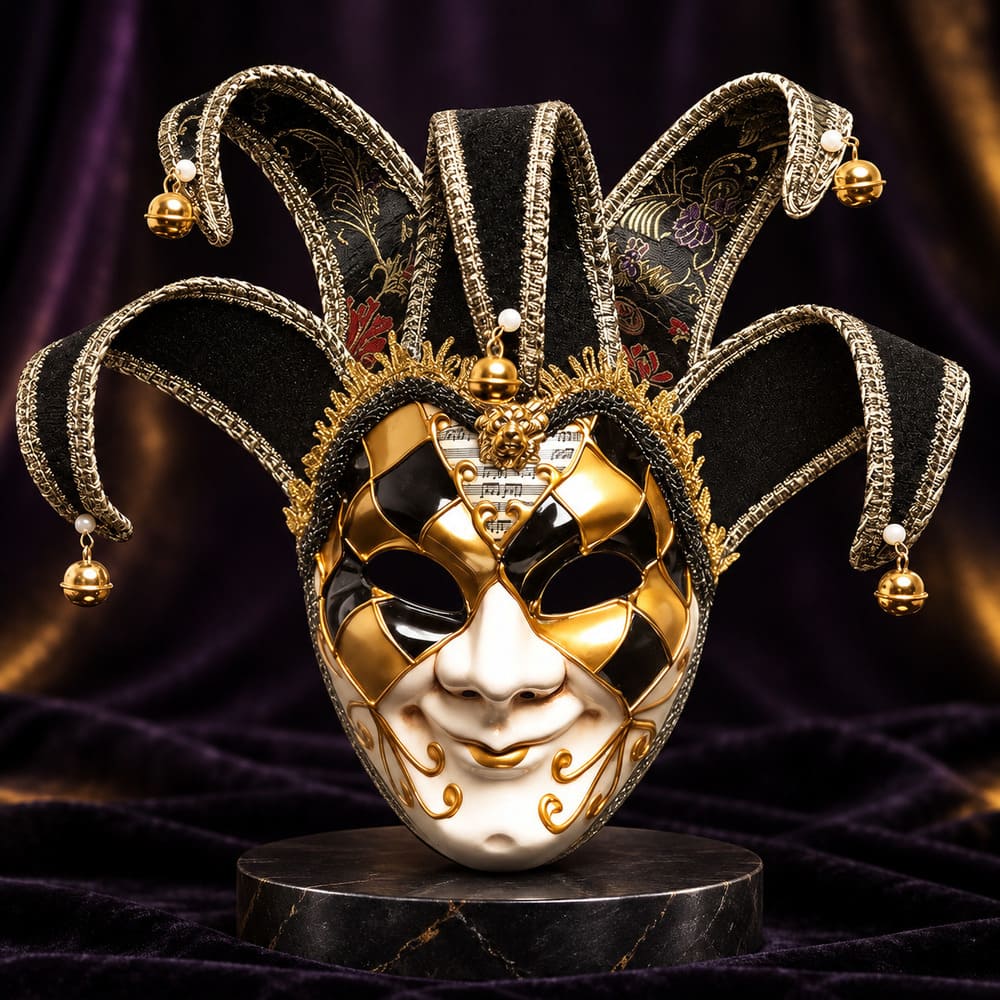 Masque Arlequin Noir, Or Et Blanc - Dario