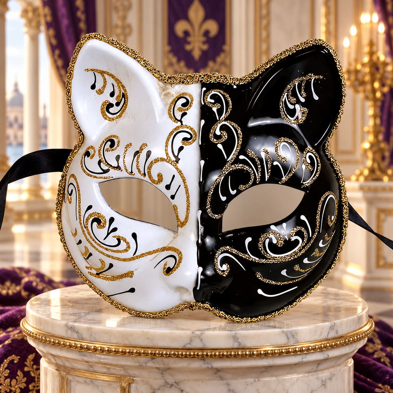 Masque Carnaval de Venise Tête de Chat Noir et Blanc - Tristana