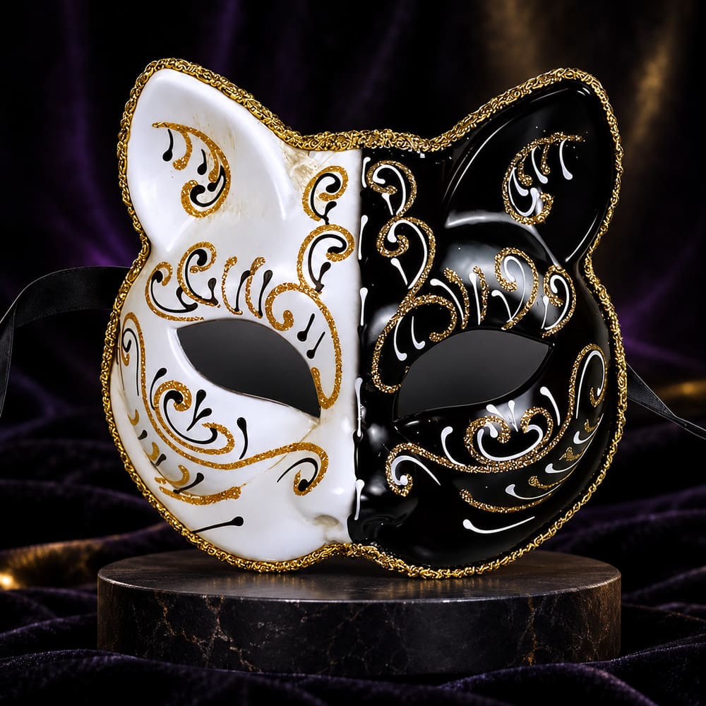 Masque Carnaval de Venise Tête de Chat Noir et Blanc - Tristana