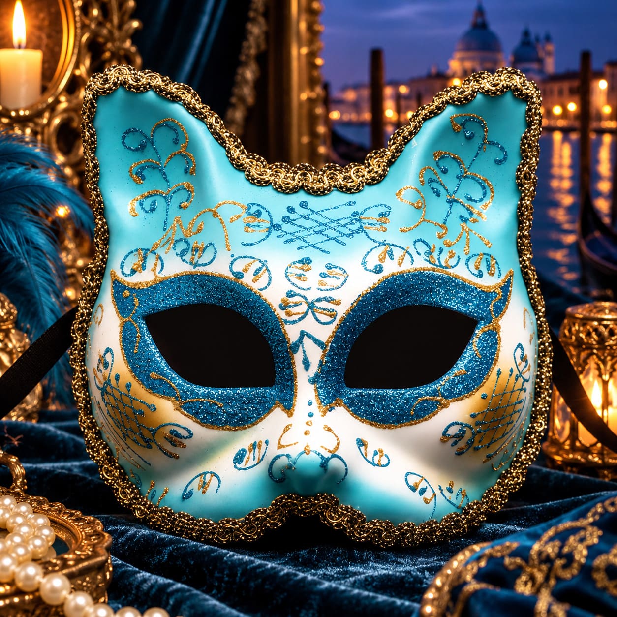 Masque Chat Vénitien Turquoise - Grazia