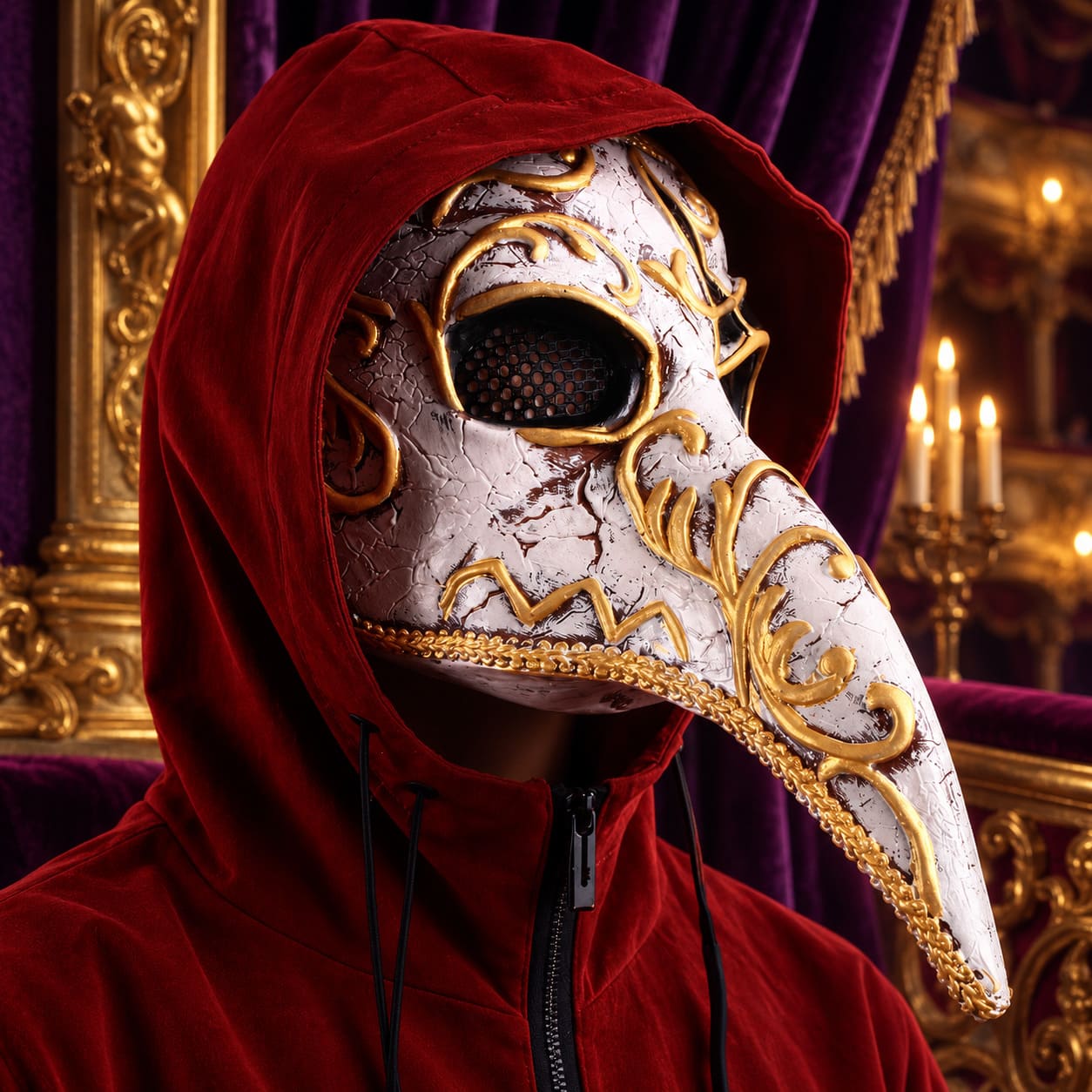 Masque Corbeau de Venise Blanc et Or – Seraphina