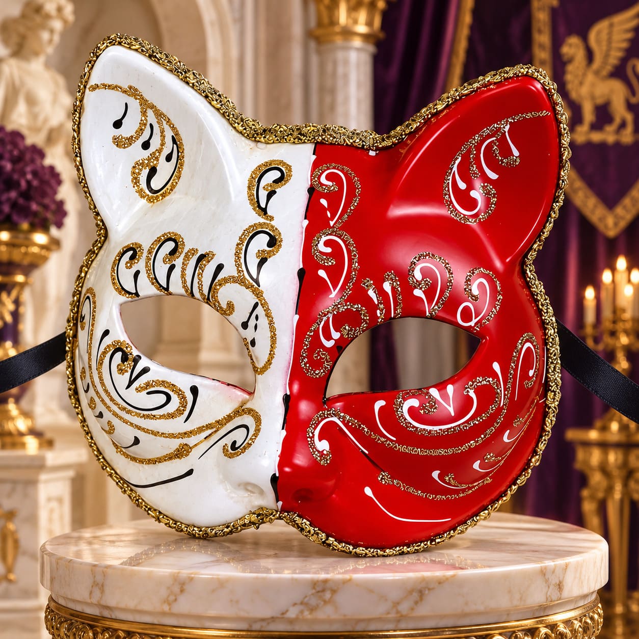 Masque Vénitien Visage de Chat Rouge et Blanc - Ludovina