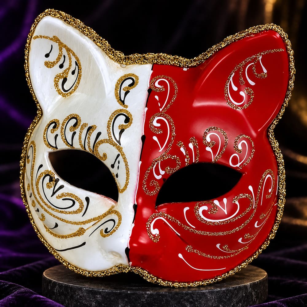 Masque Vénitien Visage de Chat Rouge et Blanc - Ludovina