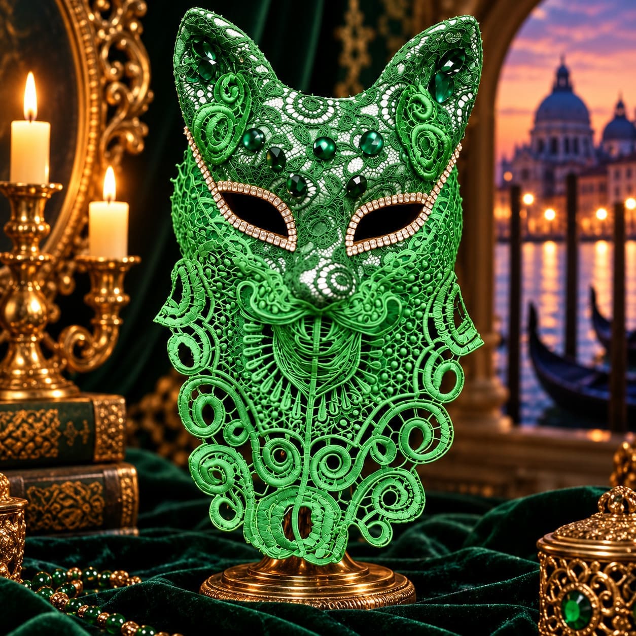 Masque Vénitien en Dentelle Chat Vert – Adriana