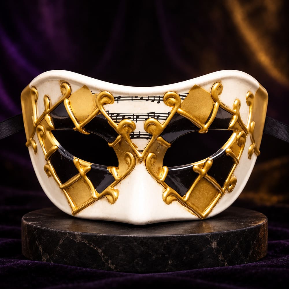 Masque Yeux Arlequin Blanc, Or et Noir - Orlando