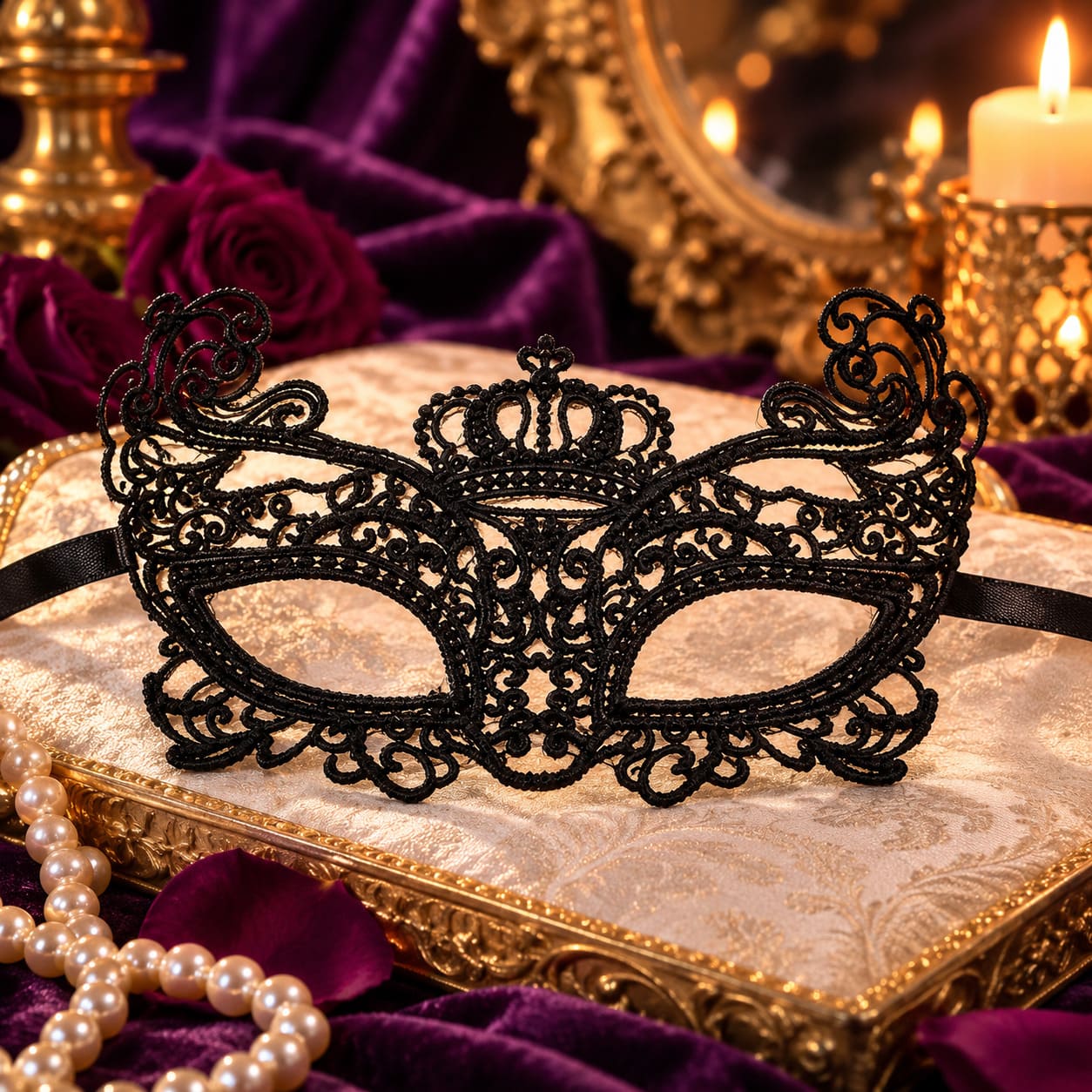 Masque Yeux Dentelle Noire Couronne Royale – Leonora